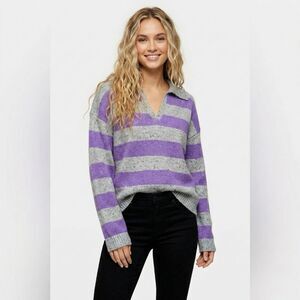 John + Jenn Striped Hollis Sweater Large Purple Gray Speckled Polo Collar Knit